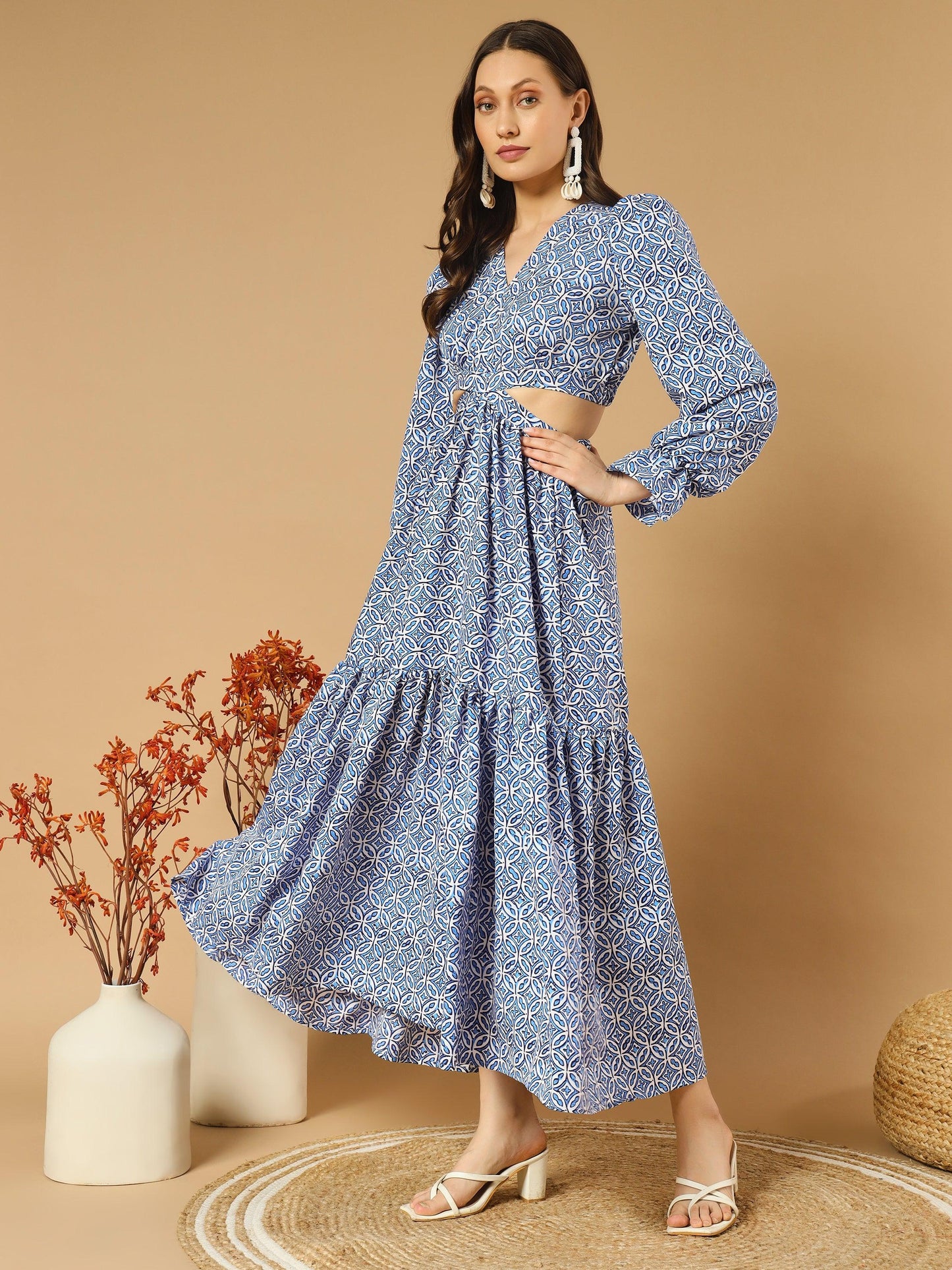 round hexa shape bluish v-neck long dress with back cut-out - asnowera