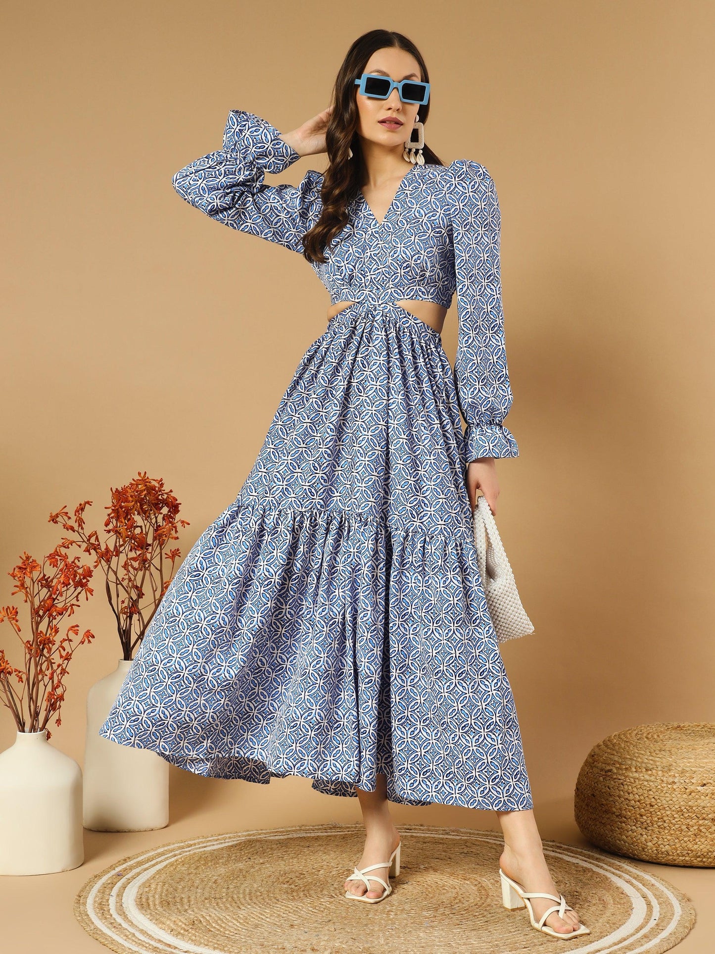 round hexa shape bluish v-neck long dress with back cut-out - asnowera