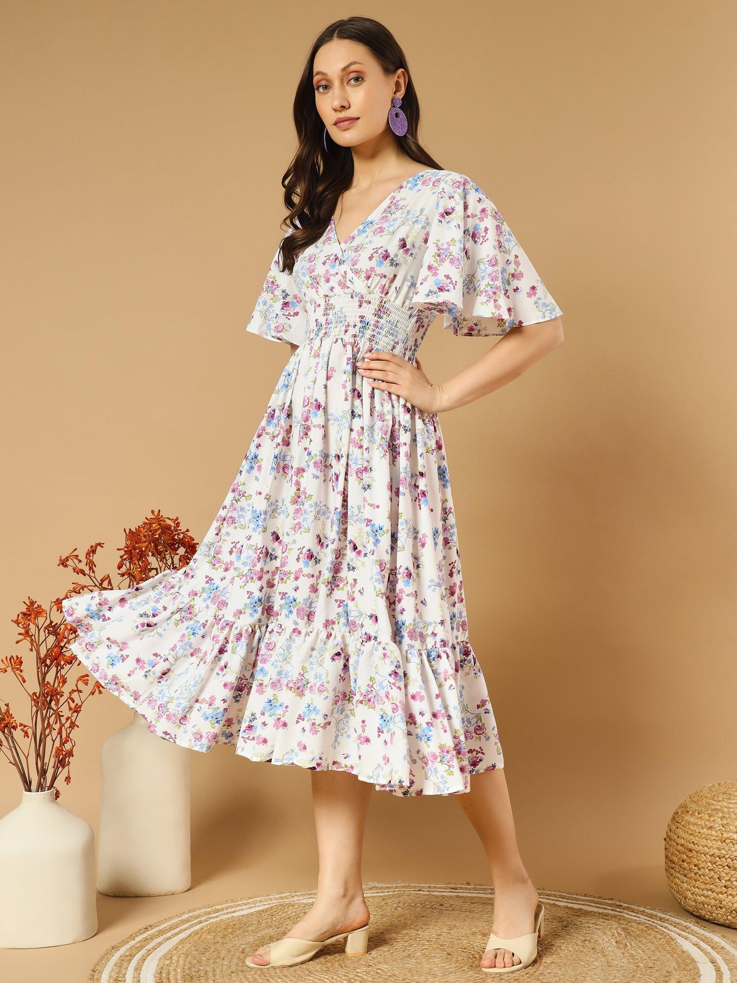 a-line white dress with v-neck both side - asnowera