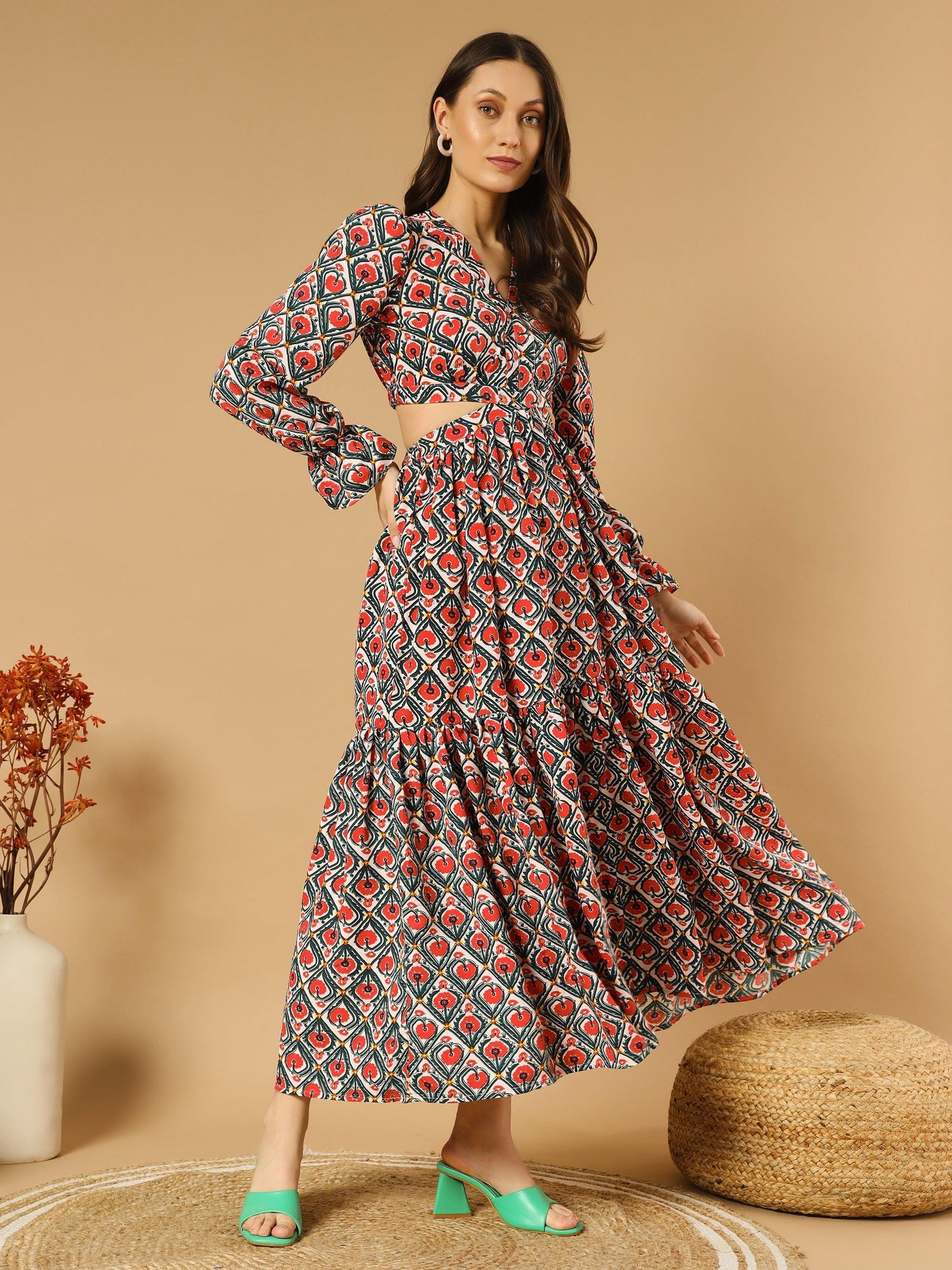 rhombus flowery v-neck long dress with back cut-out - asnowera
