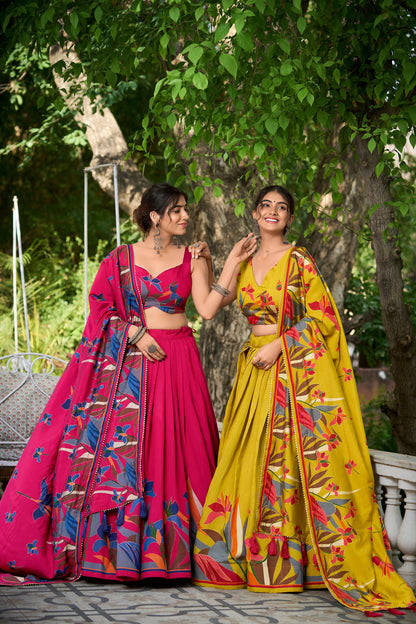 Exquisite Floral Fantasy: Tusser Silk Lehenga Choli with Intricate Print and Dupatta