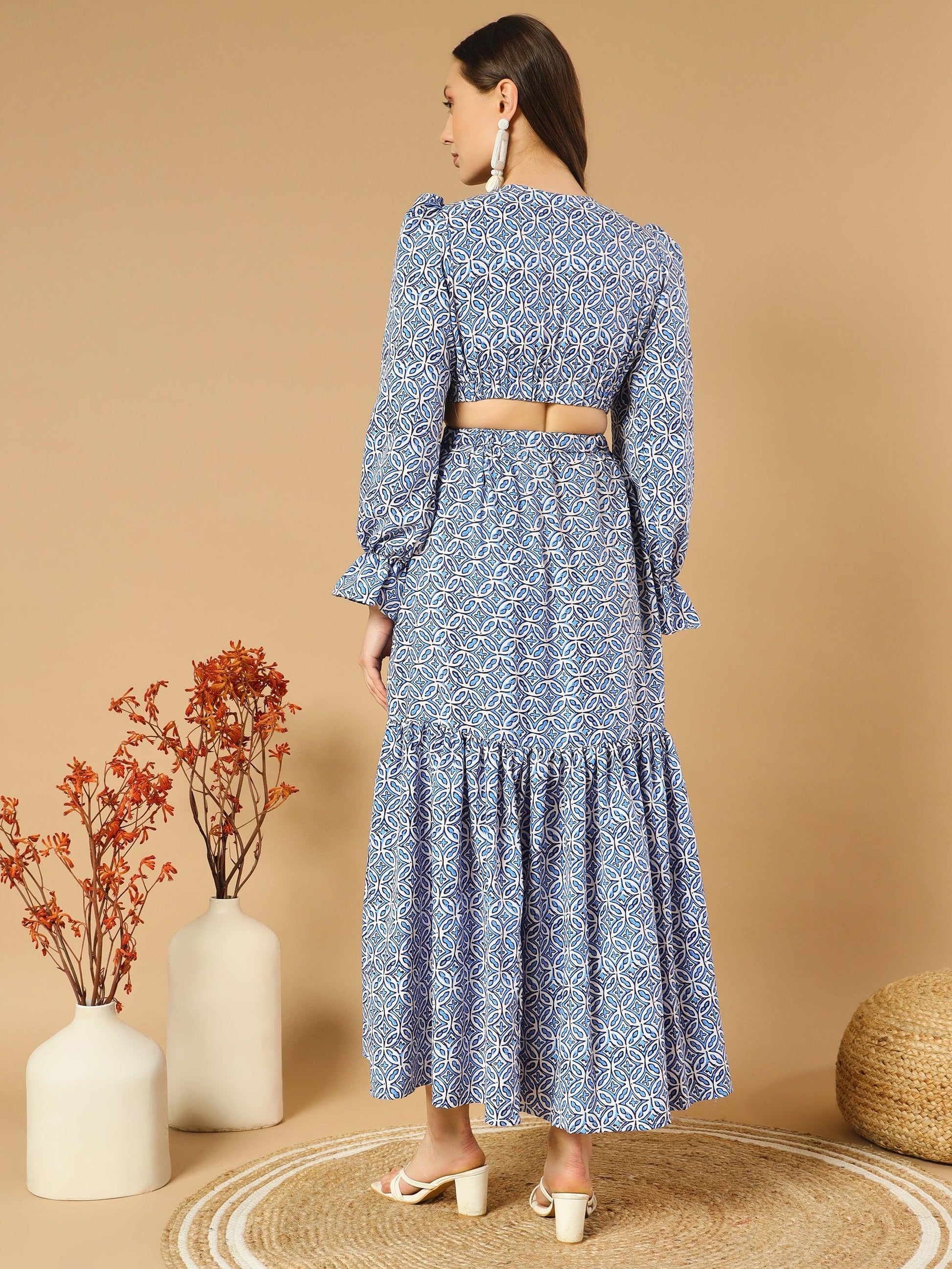 Round Hexa Shape Bluish V-Neck Long Dress With Back Cut-Out - Asnowera