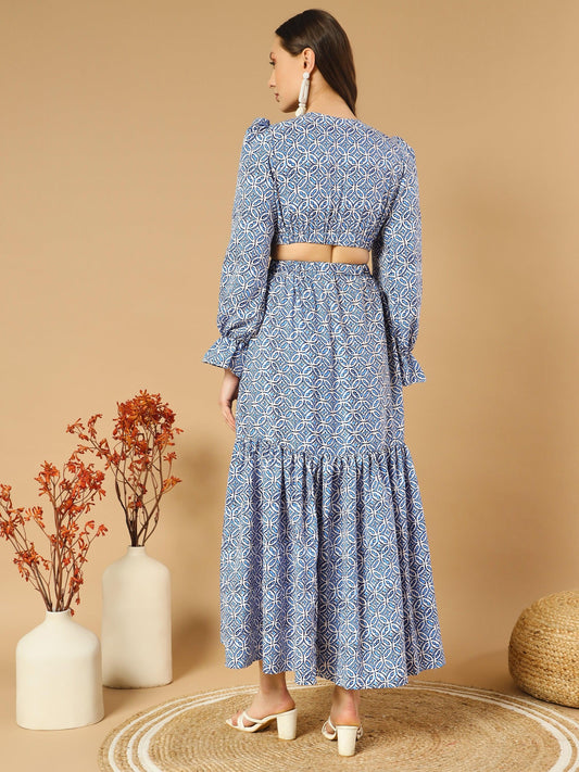 Round Hexa Shape Bluish V-Neck Long Dress With Back Cut-Out - Asnowera