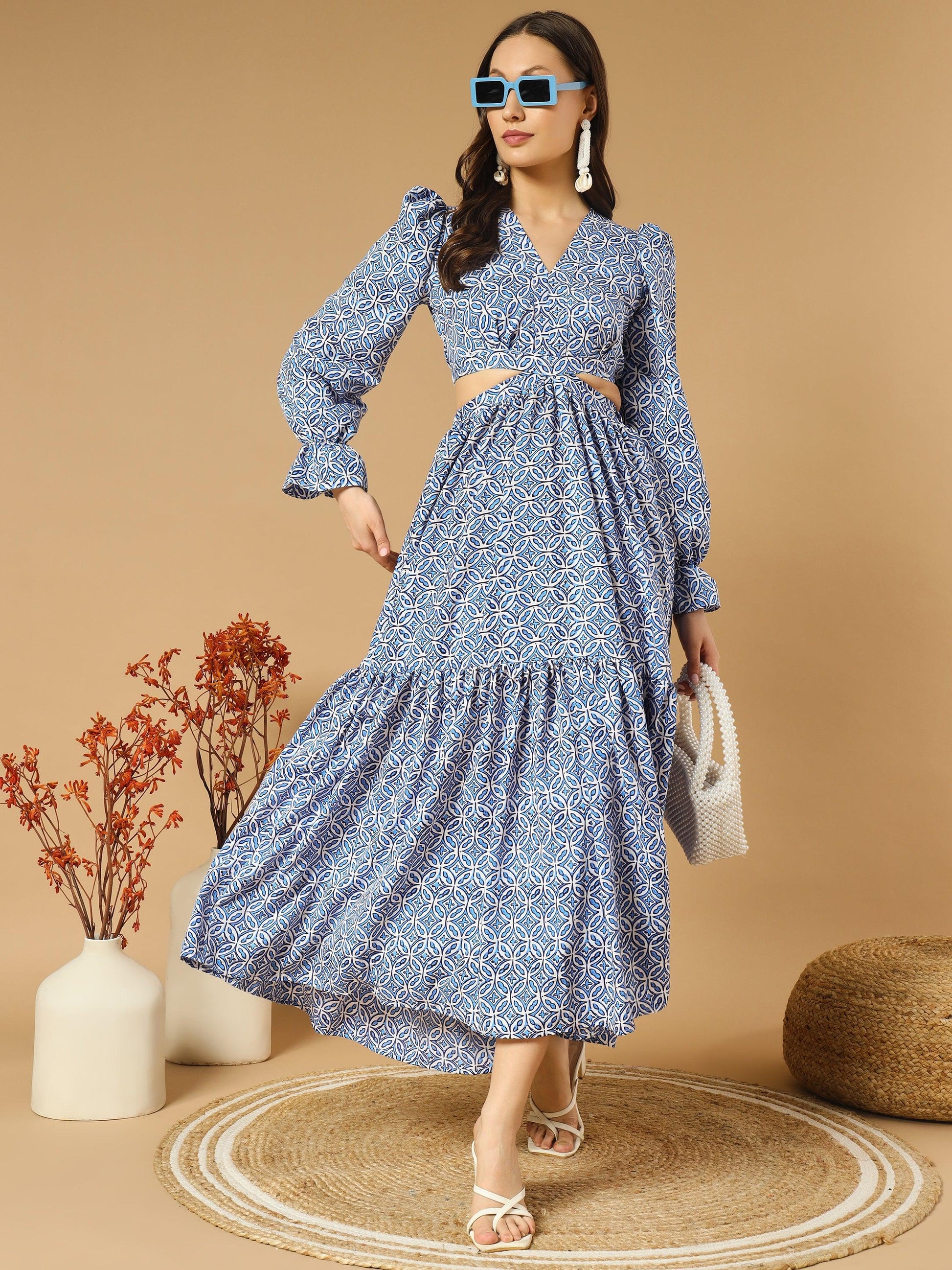 Round Hexa Shape Bluish V-Neck Long Dress With Back Cut-Out - Asnowera