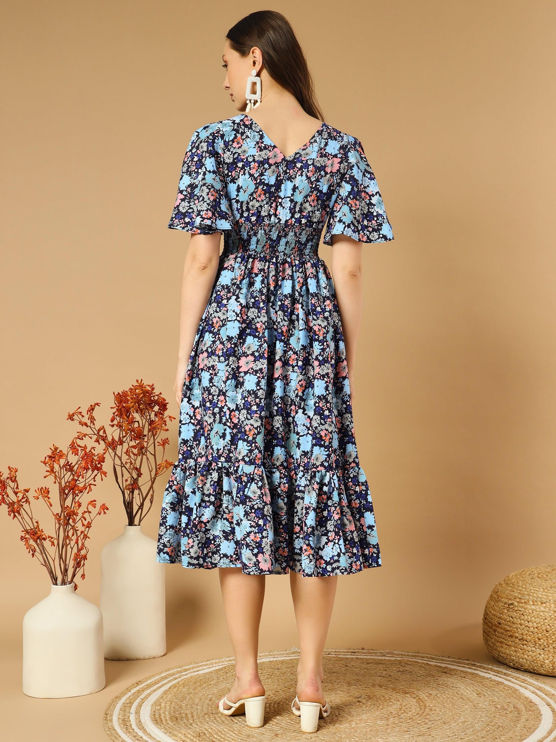 Bluish Flowers Match with Peach V-Neck Midi Dress - Asnowera