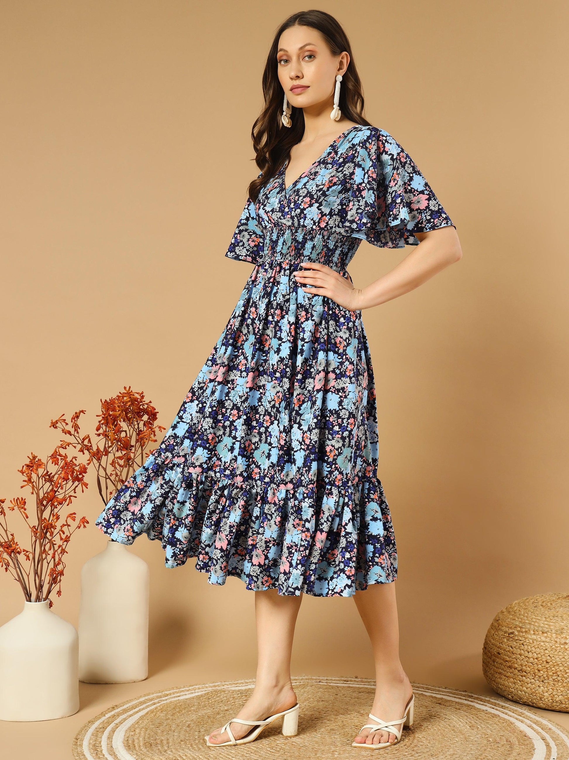 Bluish Flowers Match with Peach V-Neck Midi Dress - Asnowera