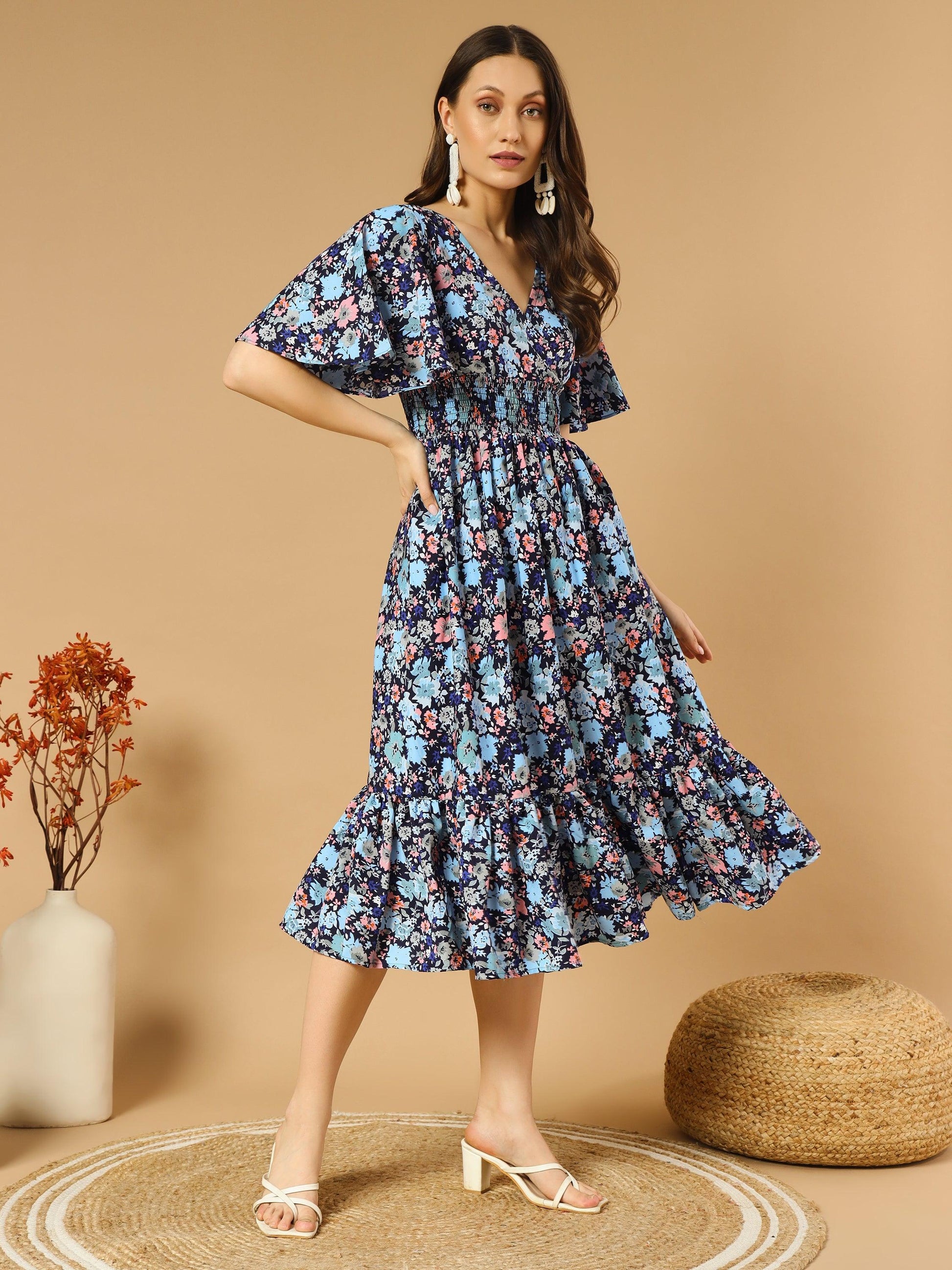 Bluish Flowers Match with Peach V-Neck Midi Dress - Asnowera