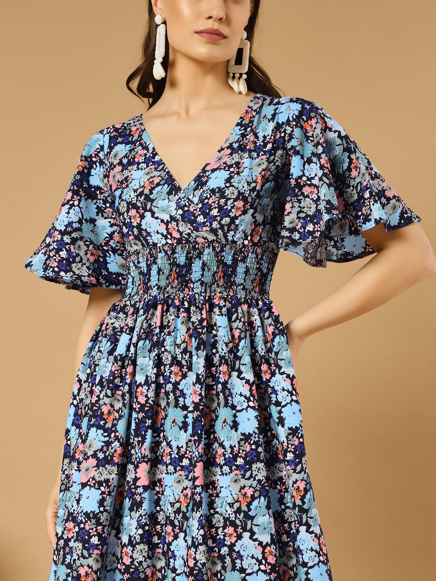 bluish flowers match with peach v-neck midi dress - asnowera