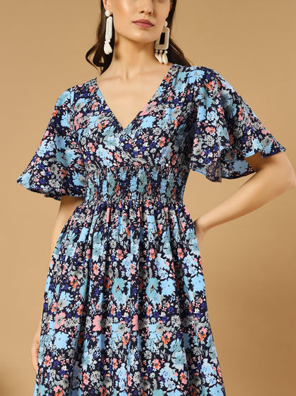 Bluish Flowers Match with Peach V-Neck Midi Dress - Asnowera