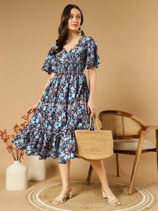 Bluish Flowers Match with Peach V-Neck Midi Dress - Asnowera