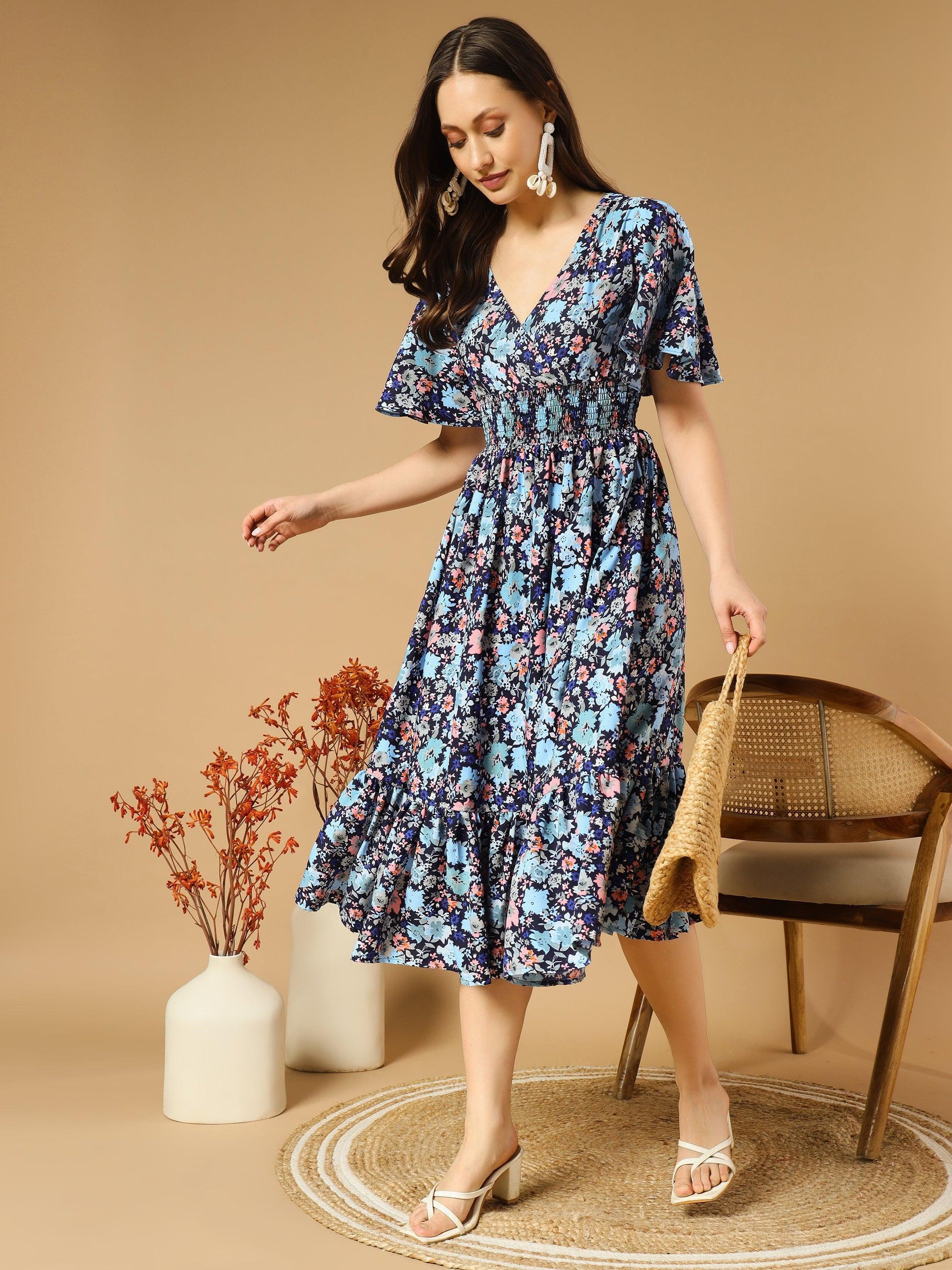 Bluish Flowers Match with Peach V-Neck Midi Dress - Asnowera