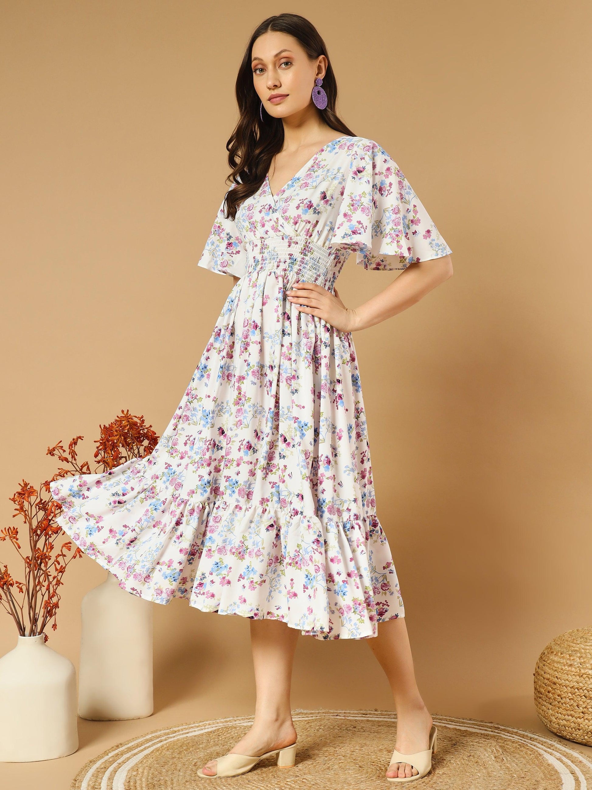 A-line White Dress with V-Neck Both side - Asnowera