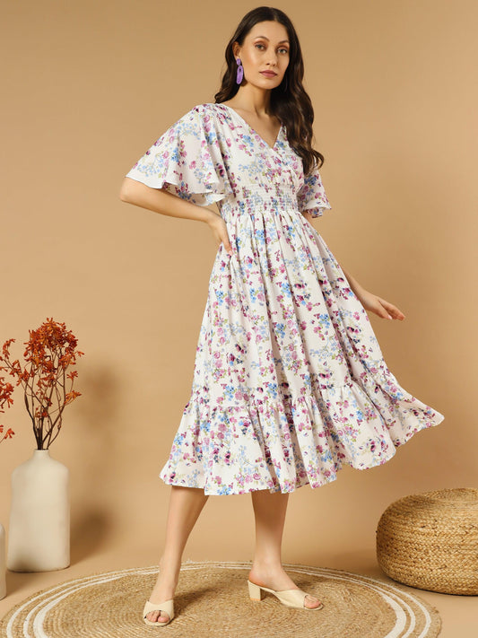 A-line White Dress with V-Neck Both side - Asnowera