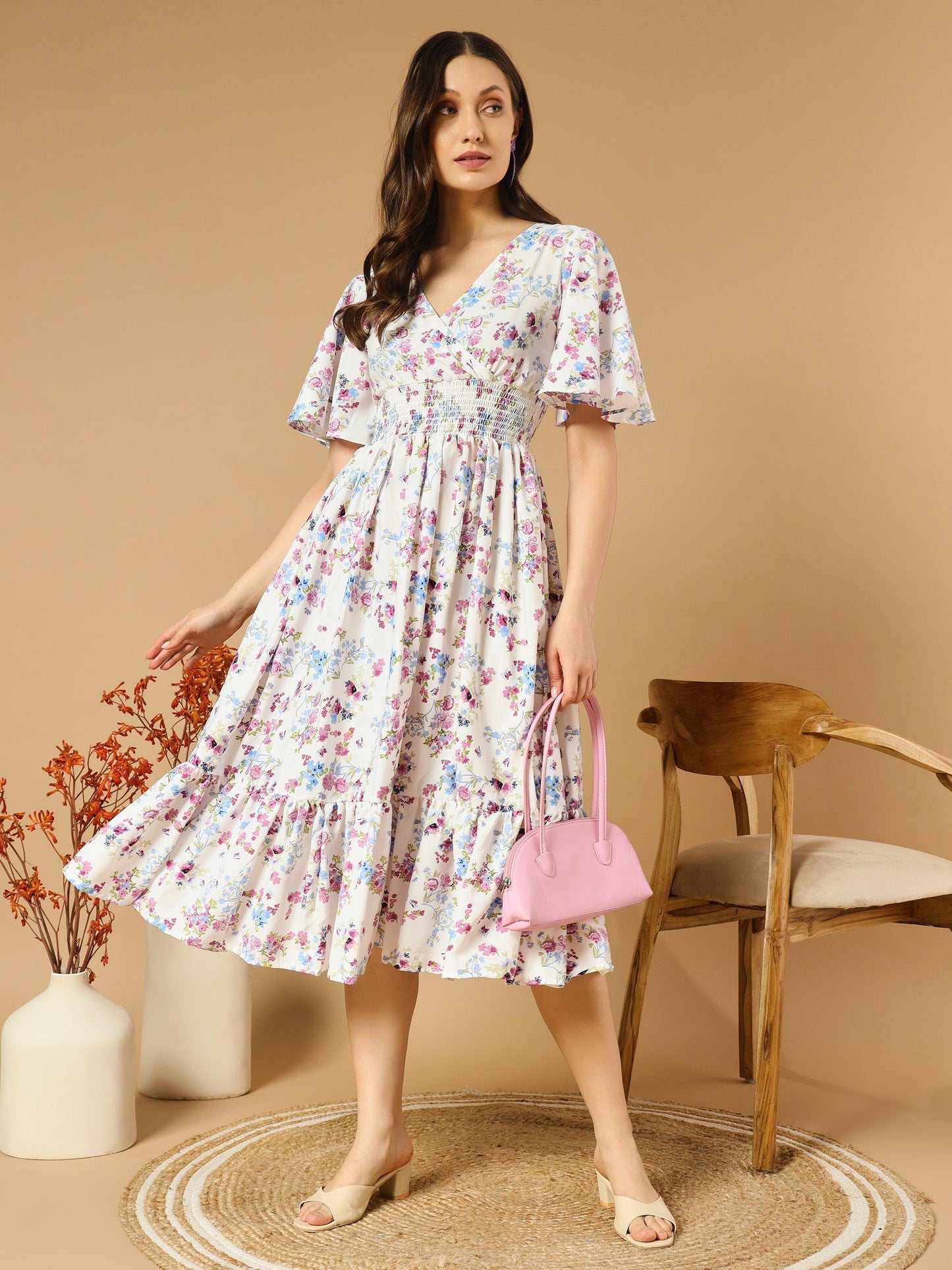 a-line white dress with v-neck both side - asnowera