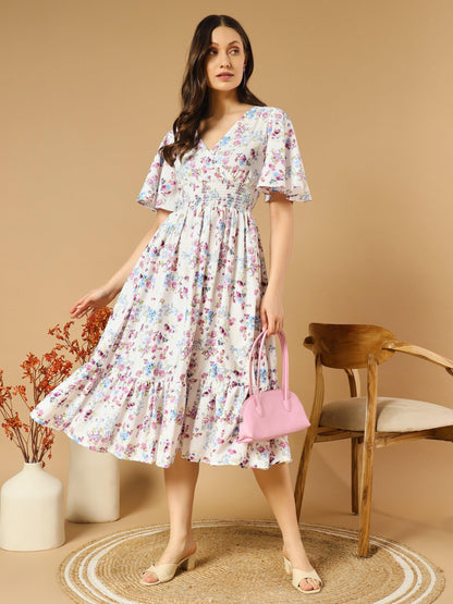 A-line White Dress with V-Neck Both side - Asnowera