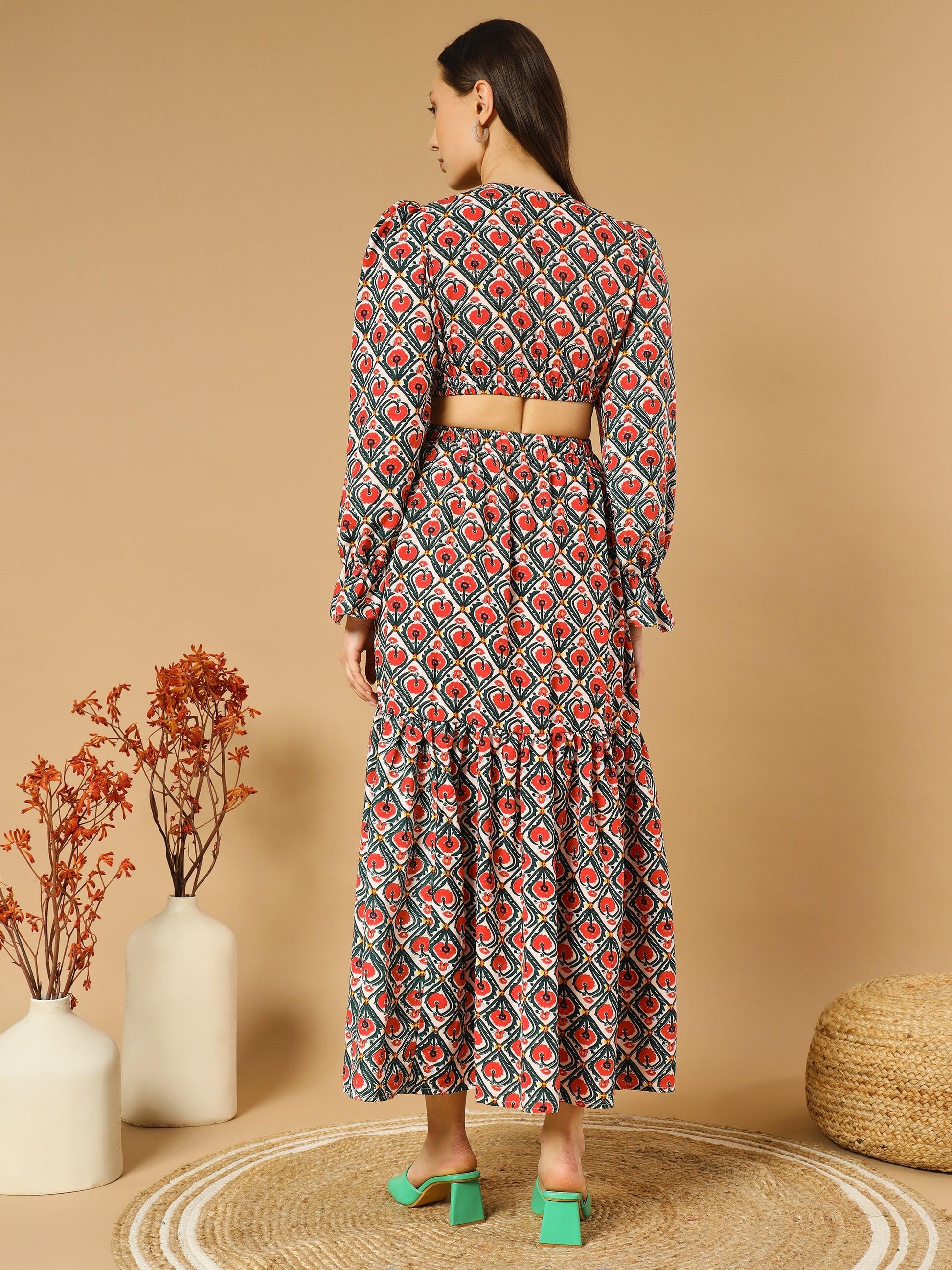 Rhombus Flowery V-Neck Long Dress With Back Cut-Out - Asnowera