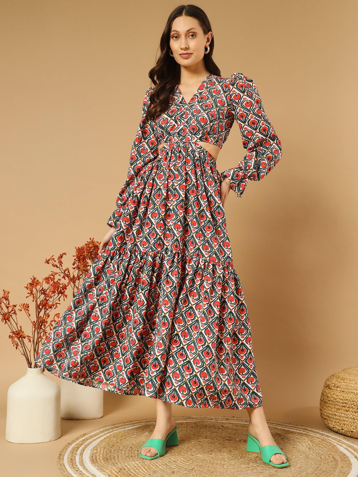 rhombus flowery v-neck long dress with back cut-out - asnowera