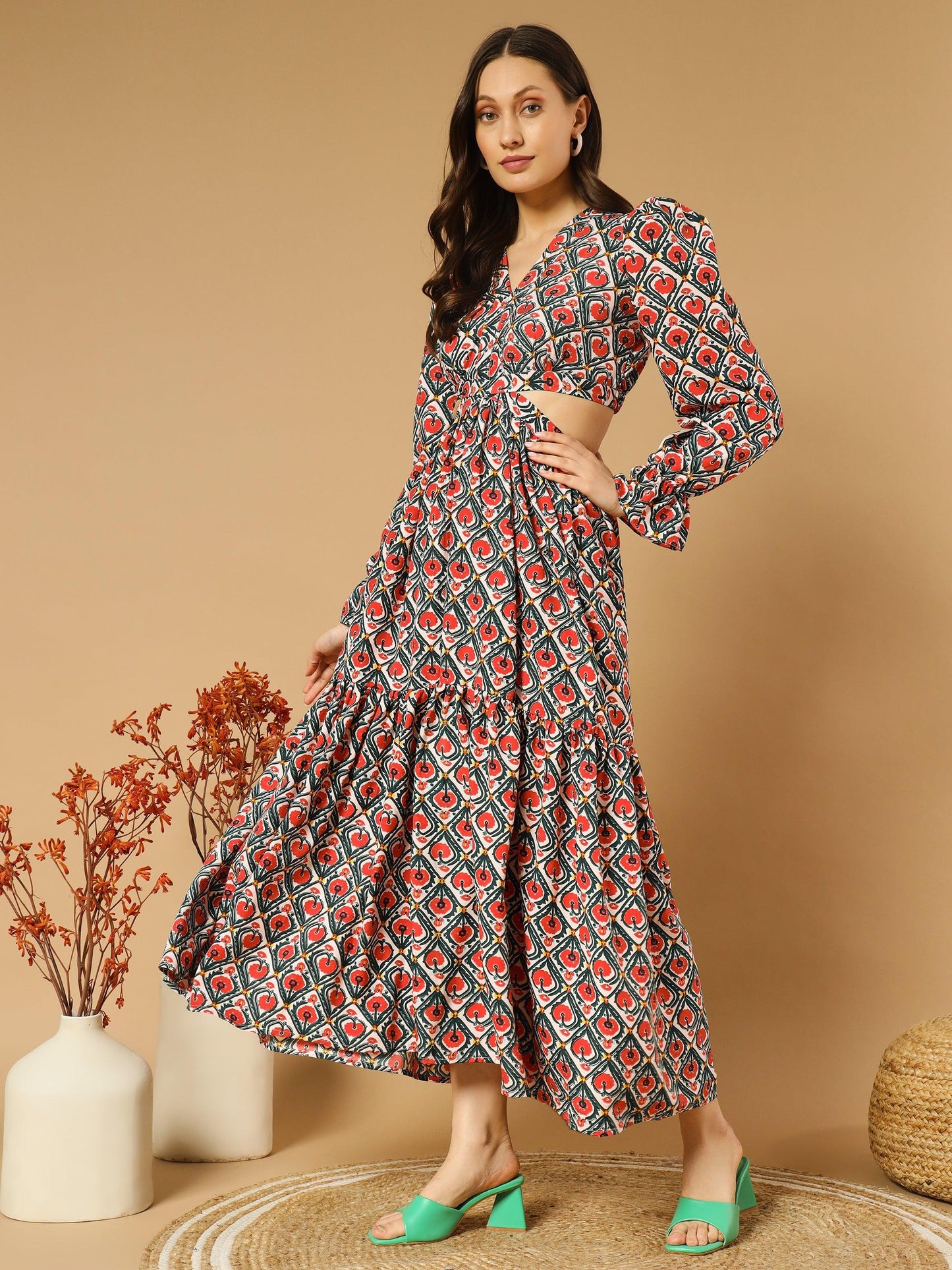 rhombus flowery v-neck long dress with back cut-out - asnowera