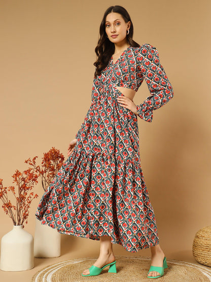 Rhombus Flowery V-Neck Long Dress With Back Cut-Out - Asnowera