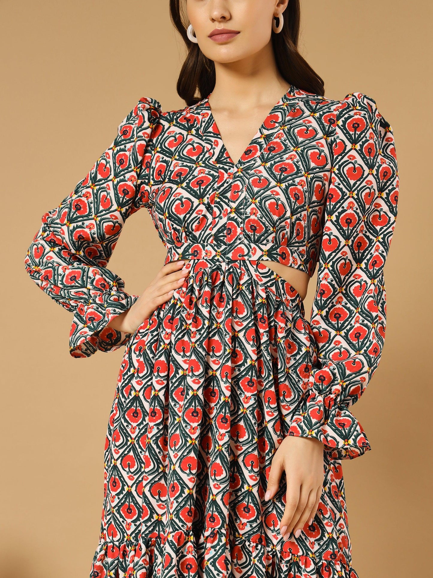 rhombus flowery v-neck long dress with back cut-out - asnowera