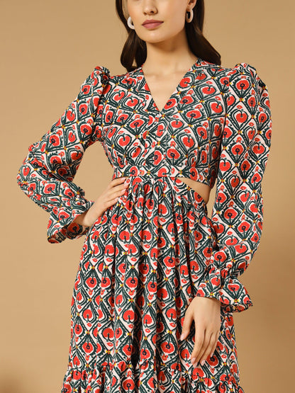 Rhombus Flowery V-Neck Long Dress With Back Cut-Out - Asnowera