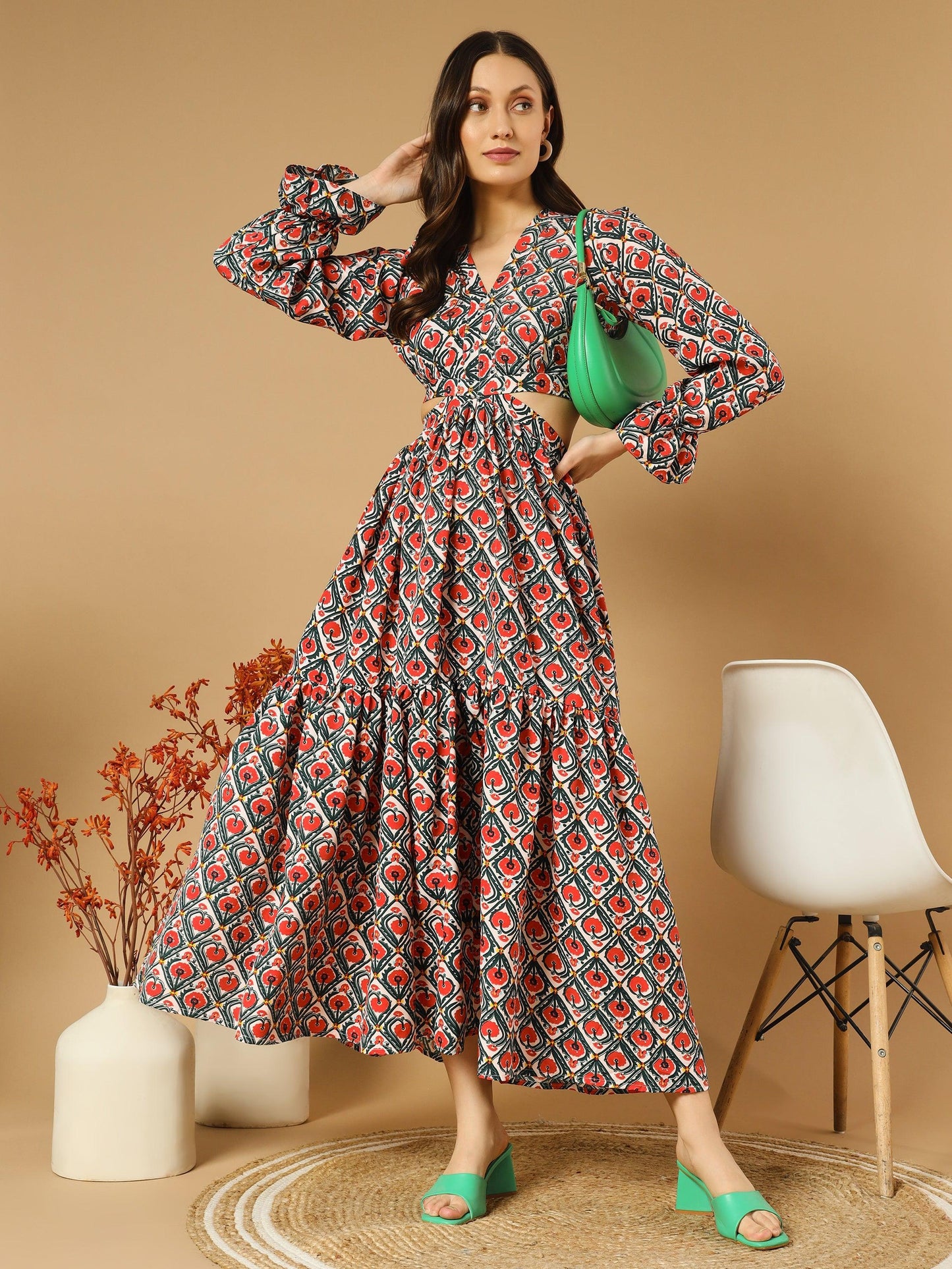 rhombus flowery v-neck long dress with back cut-out - asnowera