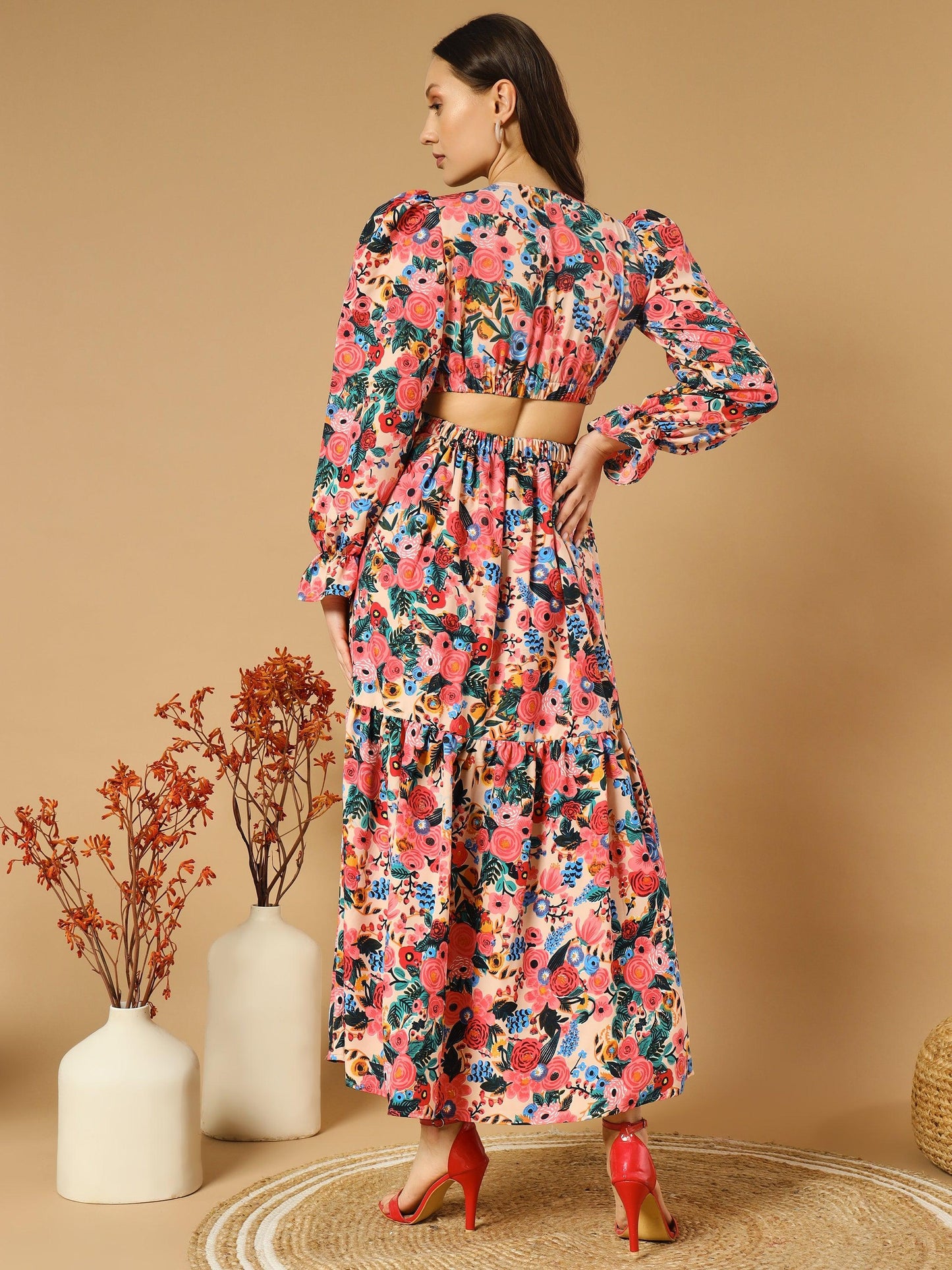 reddish flowery v-neck long dress with back cut-out - asnowera