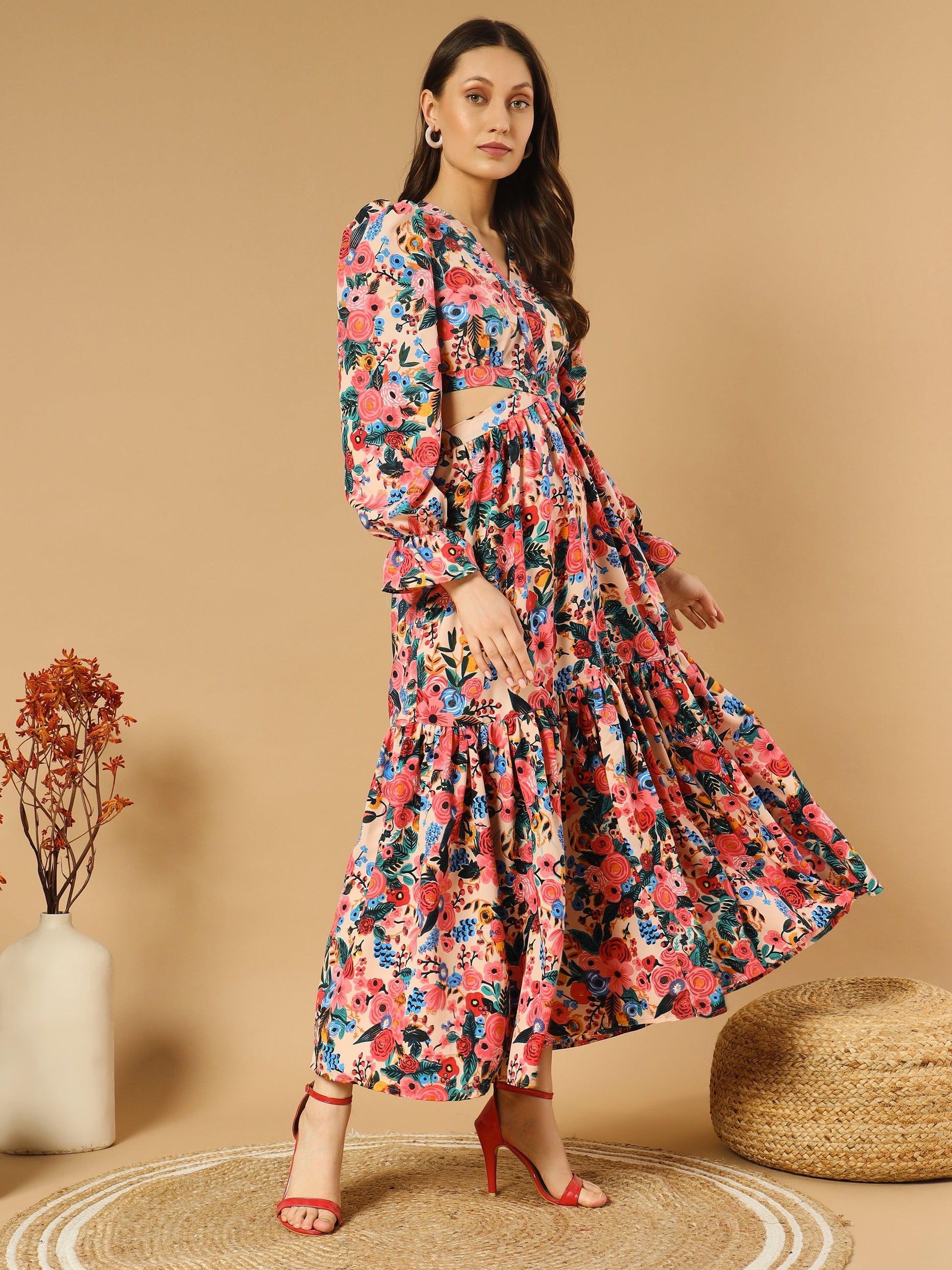 Reddish Flowery V-Neck Long Dress With Back Cut-Out - Asnowera