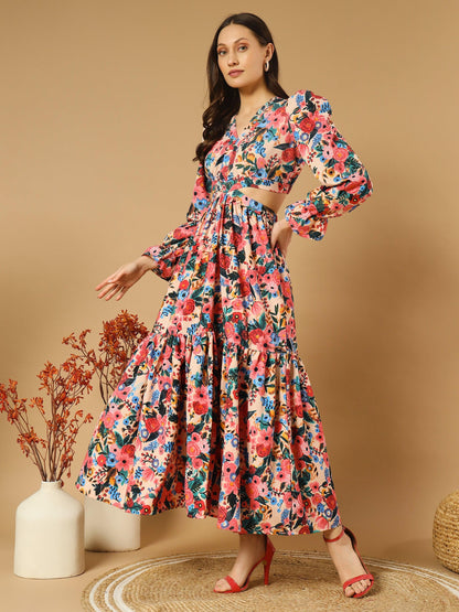 Reddish Flowery V-Neck Long Dress With Back Cut-Out - Asnowera