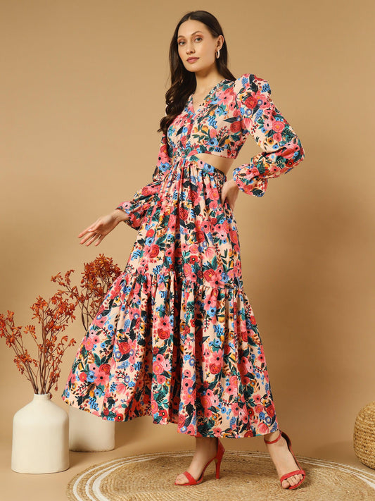 Reddish Flowery V-Neck Long Dress With Back Cut-Out - Asnowera