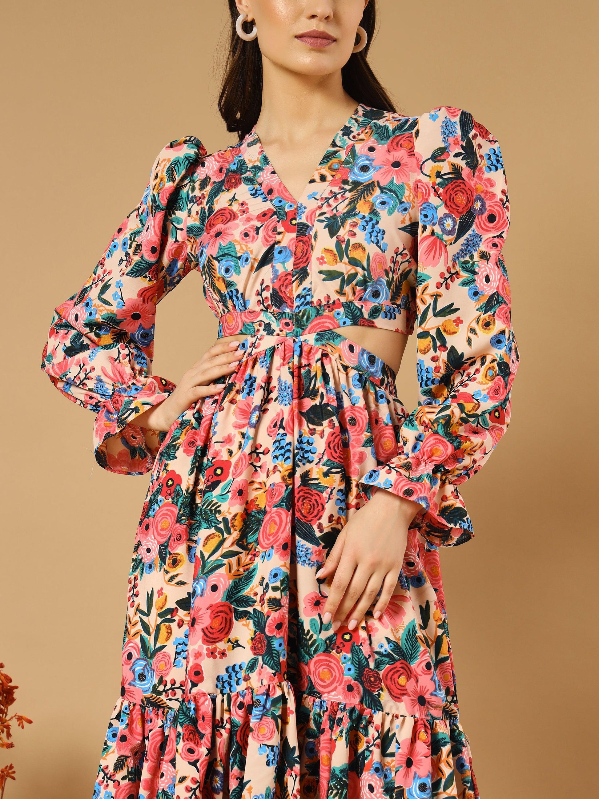 Reddish Flowery V-Neck Long Dress With Back Cut-Out - Asnowera