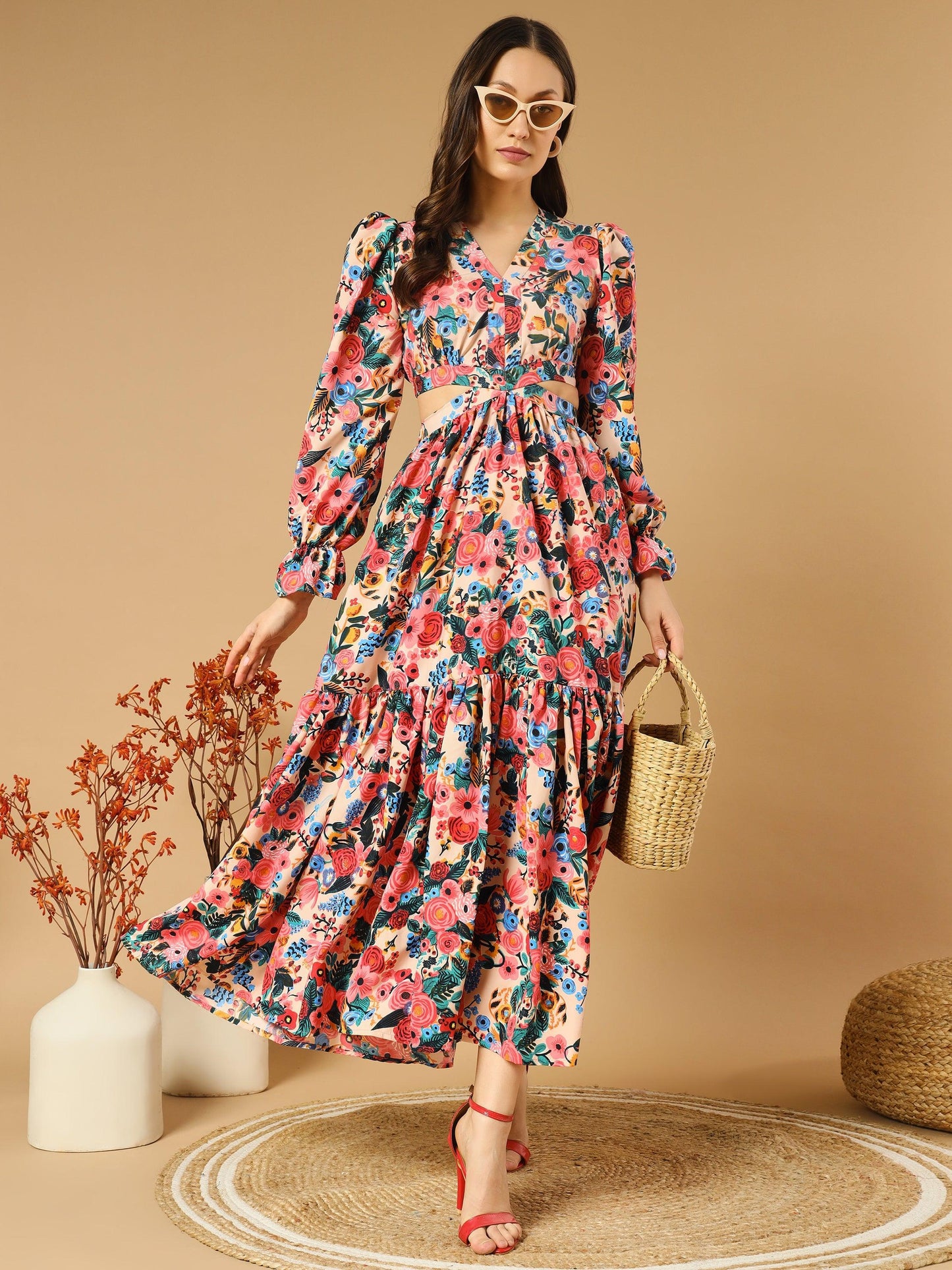 reddish flowery v-neck long dress with back cut-out - asnowera