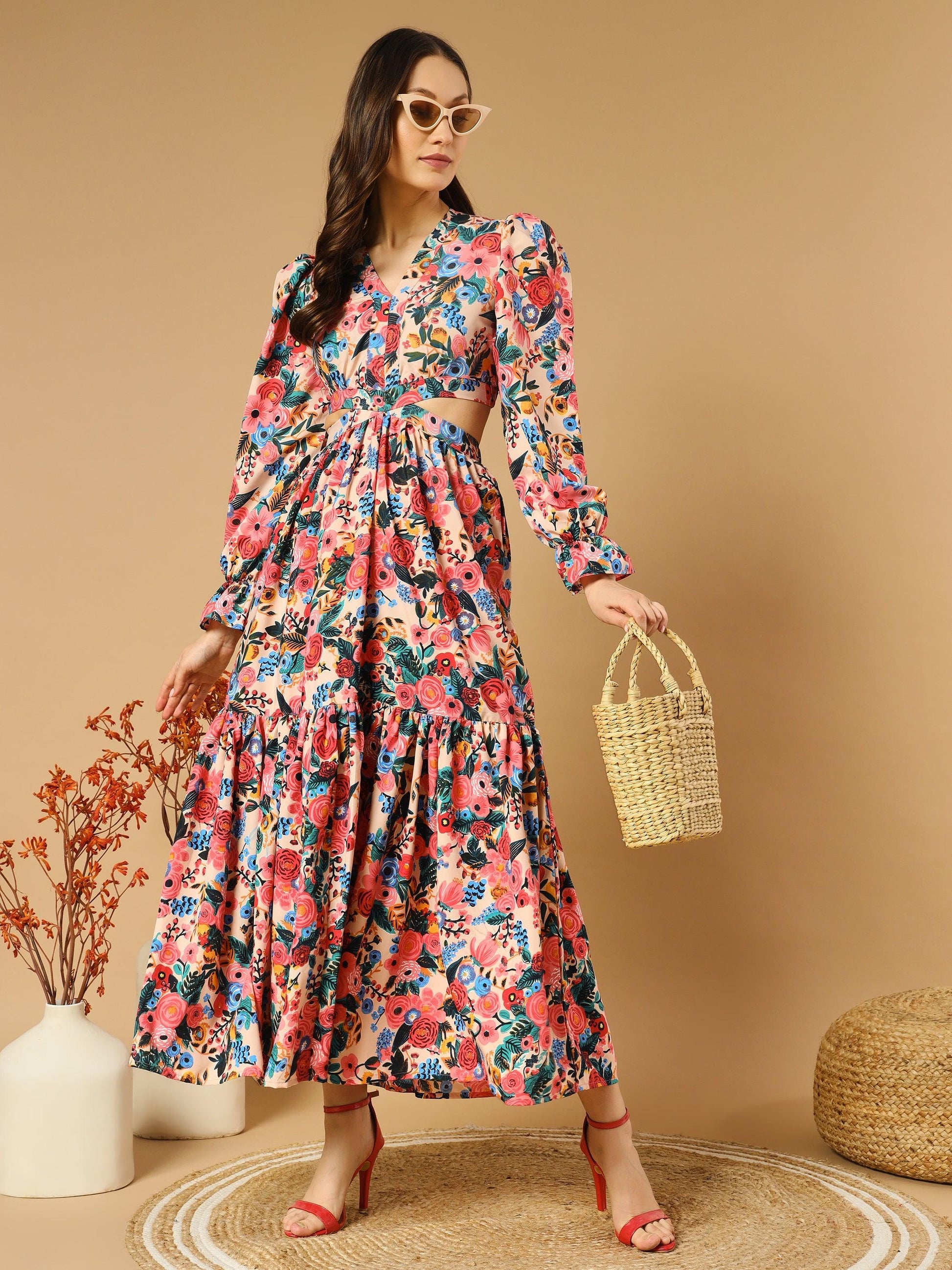 Reddish Flowery V-Neck Long Dress With Back Cut-Out - Asnowera