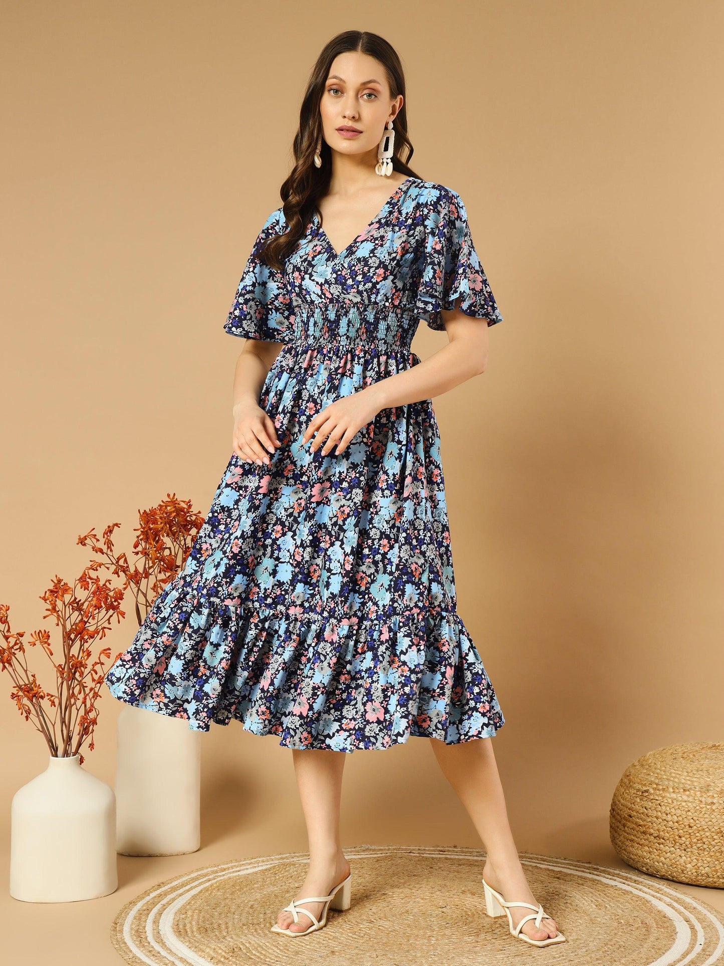 bluish flowers match with peach v-neck midi dress - asnowera