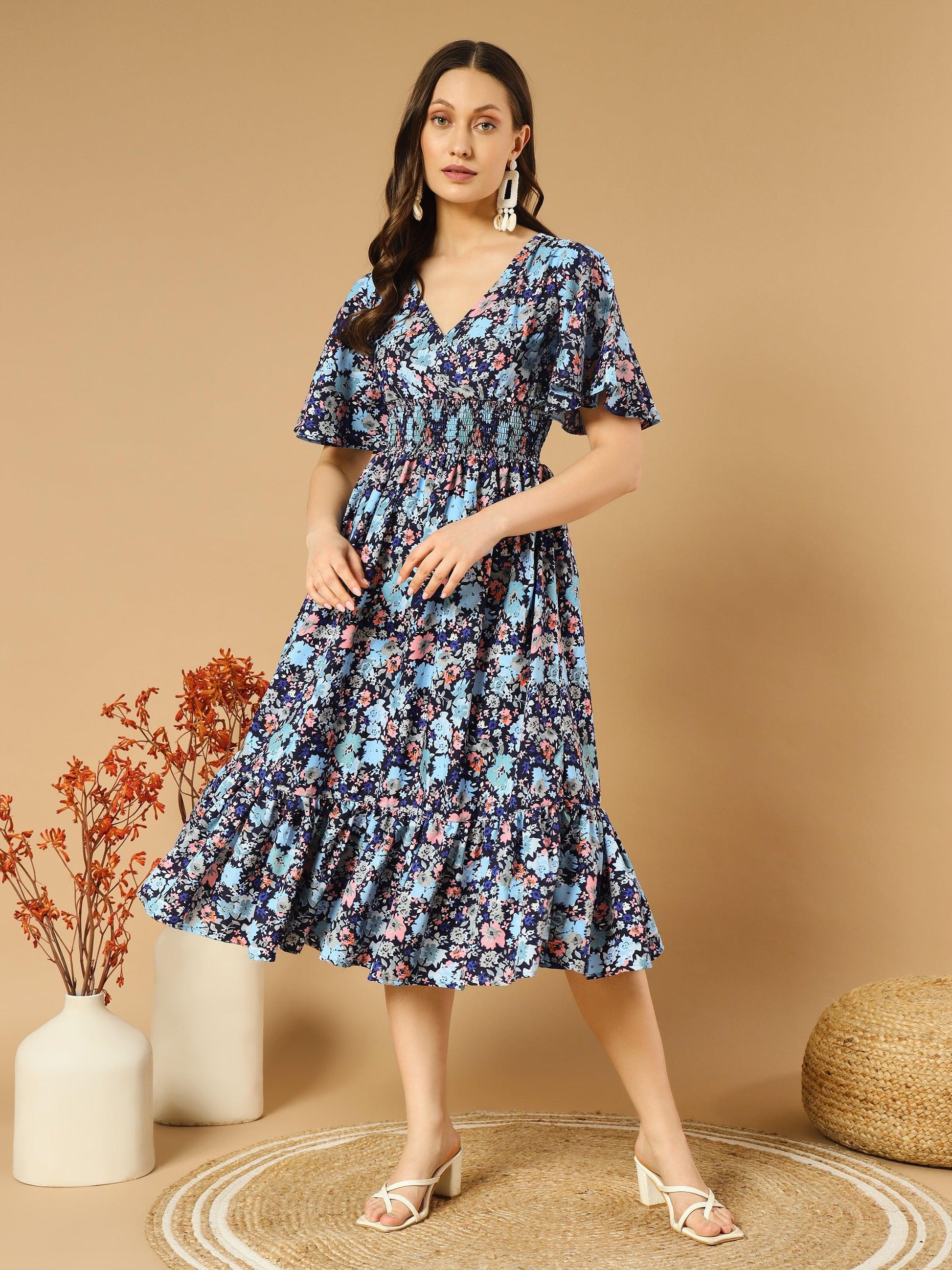 Bluish Flowers Match with Peach V-Neck Midi Dress - Asnowera