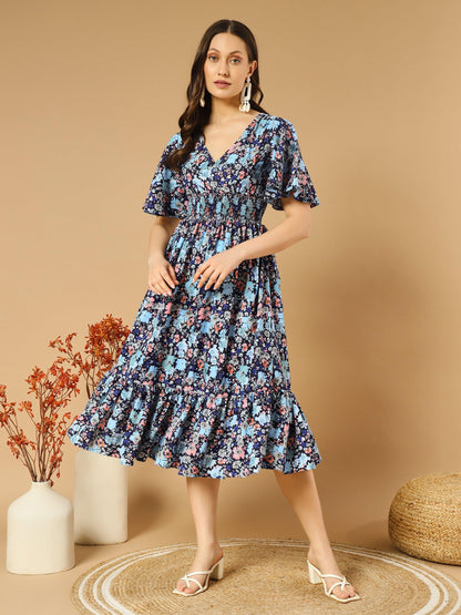 Bluish Flowers Match with Peach V-Neck Midi Dress - Asnowera