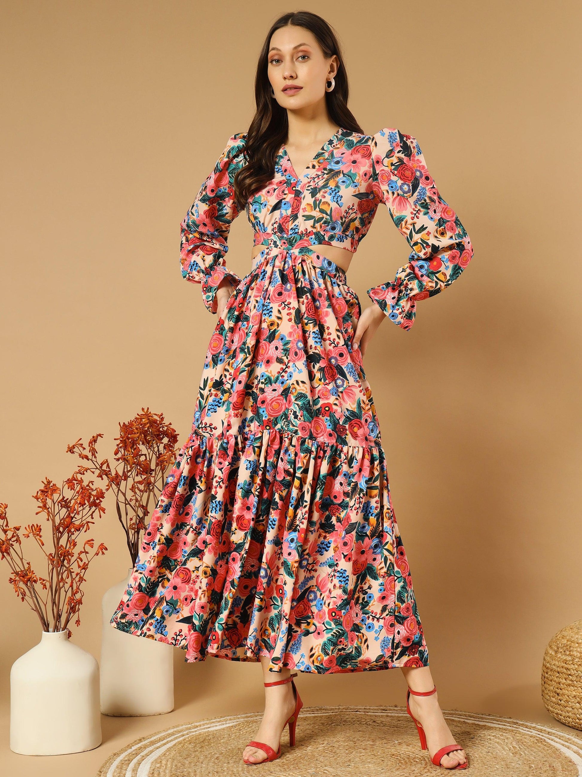 Reddish Flowery V-Neck Long Dress With Back Cut-Out - Asnowera