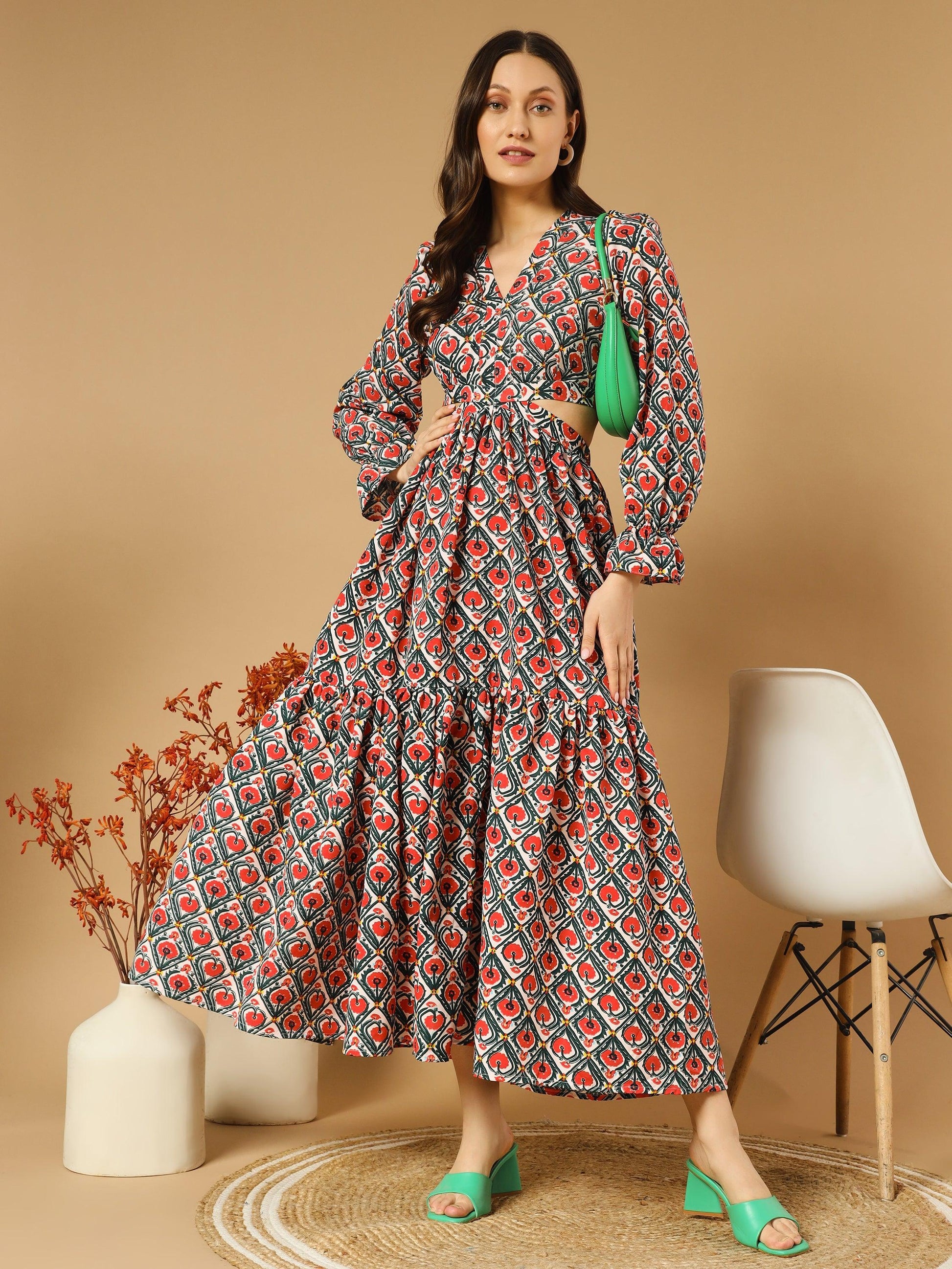 Rhombus Flowery V-Neck Long Dress With Back Cut-Out - Asnowera