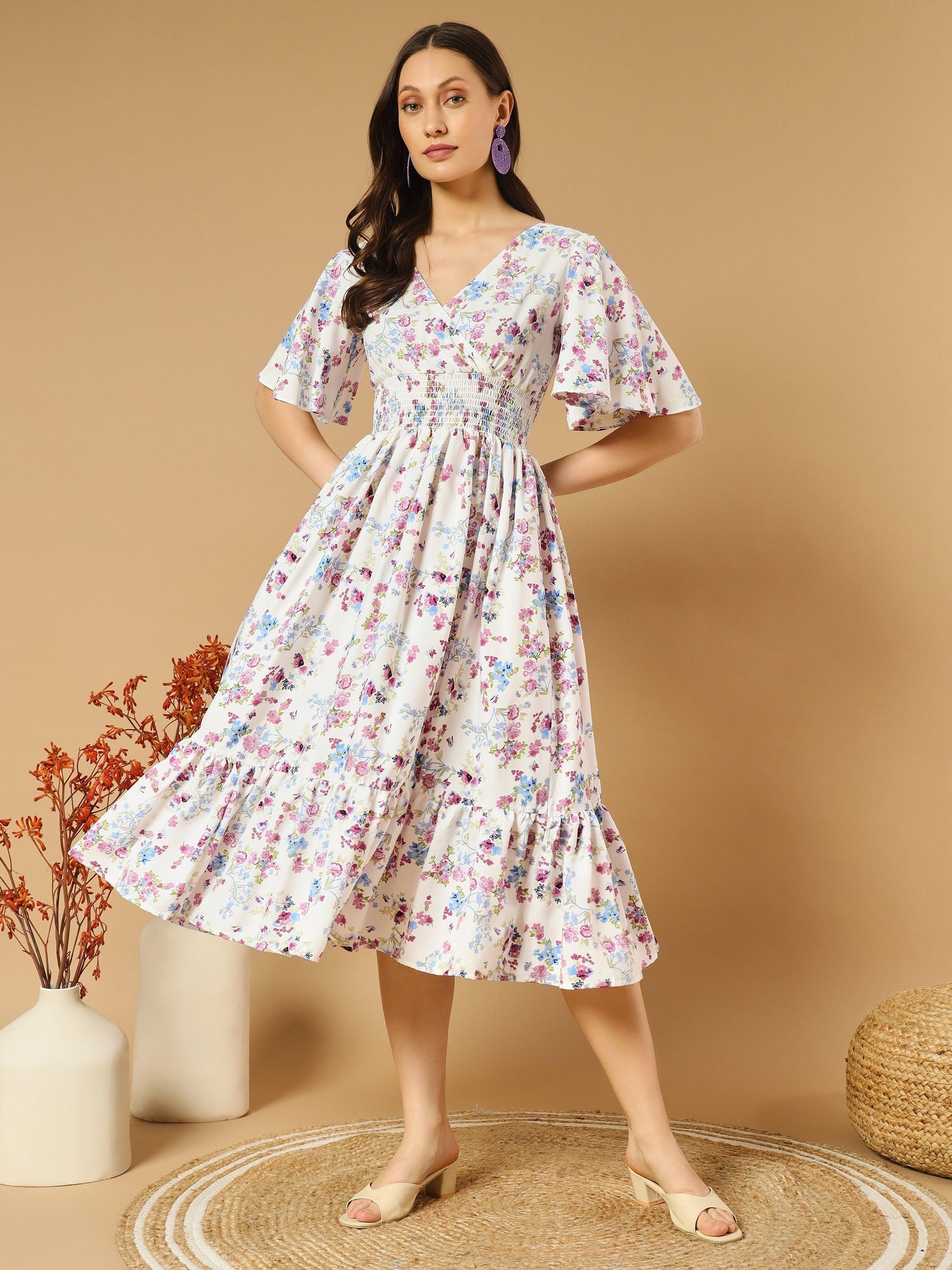 A-line White Dress with V-Neck Both side - Asnowera