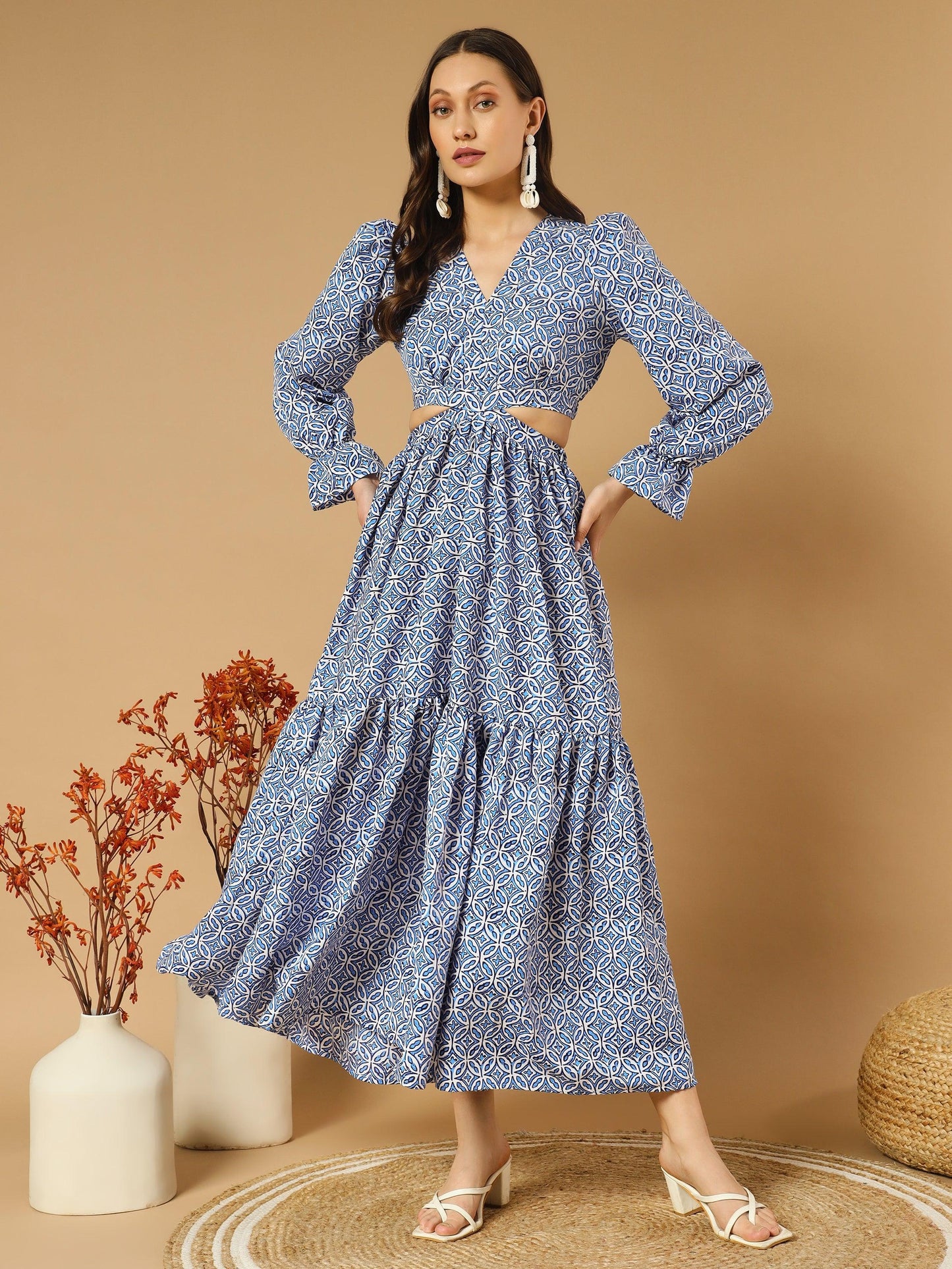 round hexa shape bluish v-neck long dress with back cut-out - asnowera